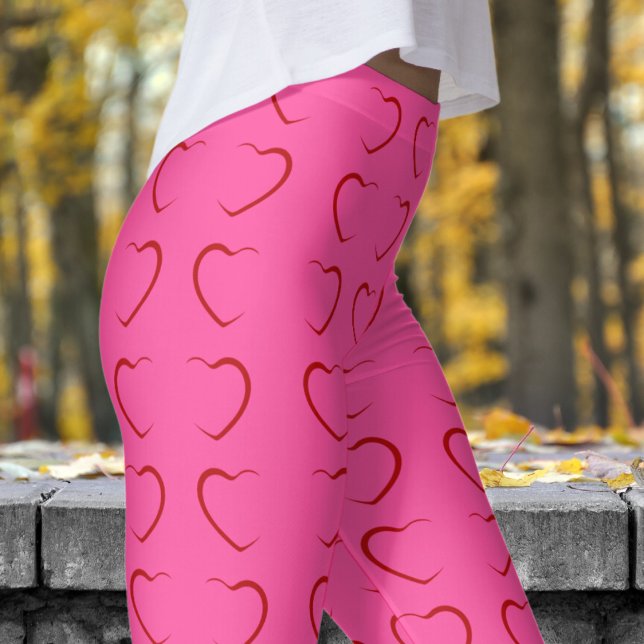 Legging Padrão Adorável de Corações de Amor Rosa Rosa (Love Hearts on Brilliant Rose Pattern Leggings)