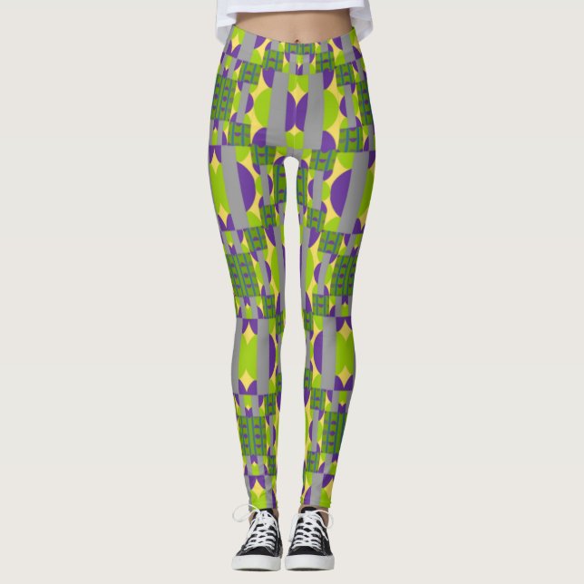 Legging Padrão Amarelo abstrato púrpura com meio círculo (Frente)