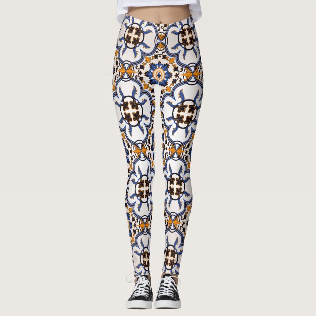 Legging Padrão Amarelo Azulejo Azulejo Azulejo Vintage (Frente)