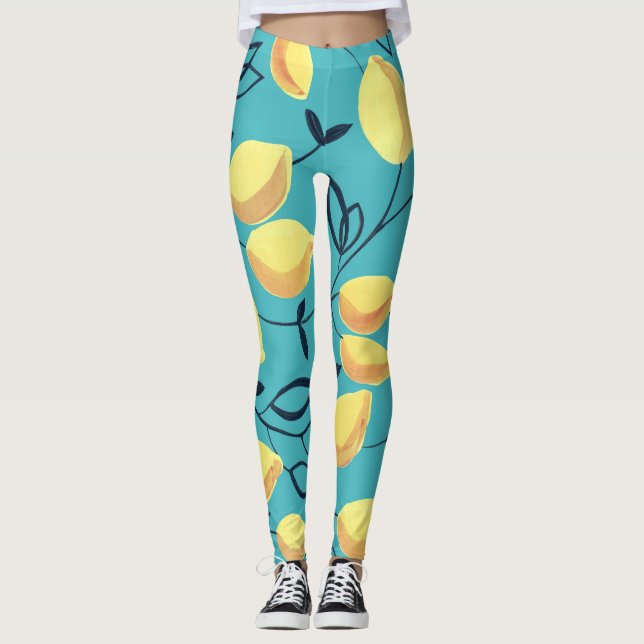 Legging Padrão amarelo de guache em turquesa. (Frente)