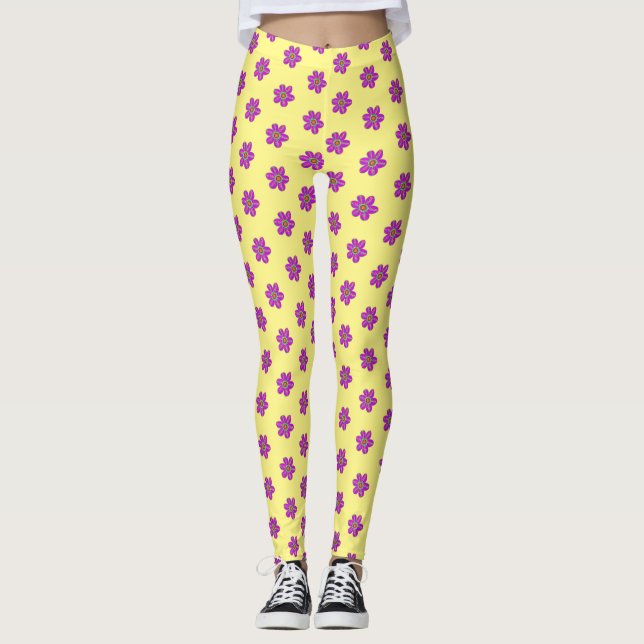 Legging Padrão Amarelo Floral Roxo (Frente)