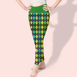 Legging Padrão Amarelo Verde Azul Argyle Elegante Bonito