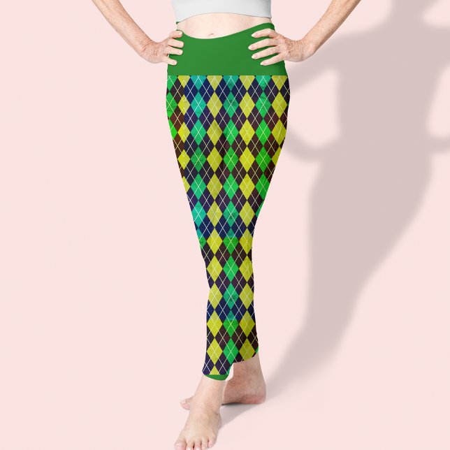 Legging Padrão Amarelo Verde Azul Argyle Elegante Bonito (Criador carregado)