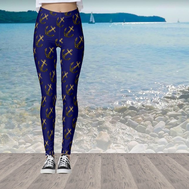 Legging Padrão âncora azul marinho com brilho falso dourad (Stand out with our breathable sparkly anchor leggings in many different colors!)