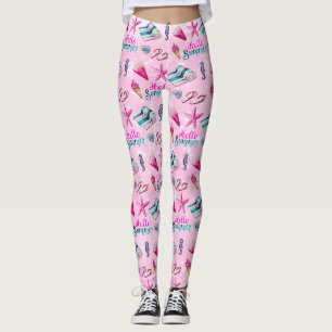 Legging Padrão Aquarela de Praia de Verão Rosa Feminino