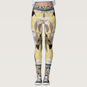 Legging Padrão Art Nouveau de Orquídea Beija-Flor Vintage