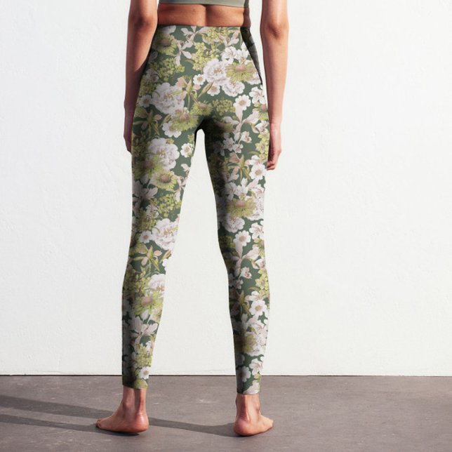 Legging Padrão Azeital Verde Moderno FLoral Impresso (Modern dark green olive floral pattern printed leggings design for nature and flower lovers.)