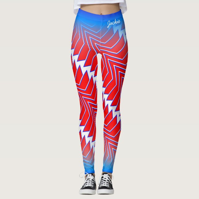 Legging Padrão Azul Branco abstrato vermelho com seu nome (Frente)