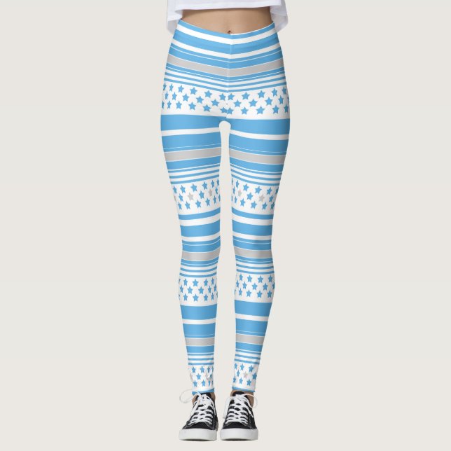 Legging Padrão azul céu listrado com estrelas (Frente)