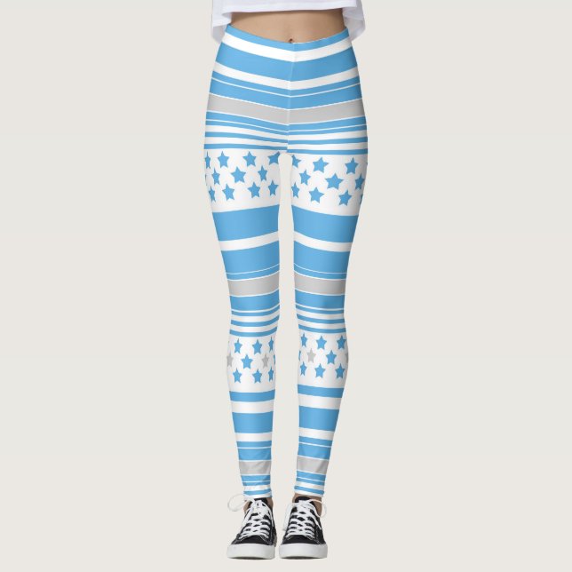 Legging Padrão azul céu listrado com estrelas (Frente)