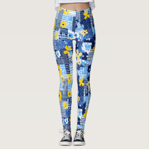 Legging Padrão Azul das Flores Amarelas