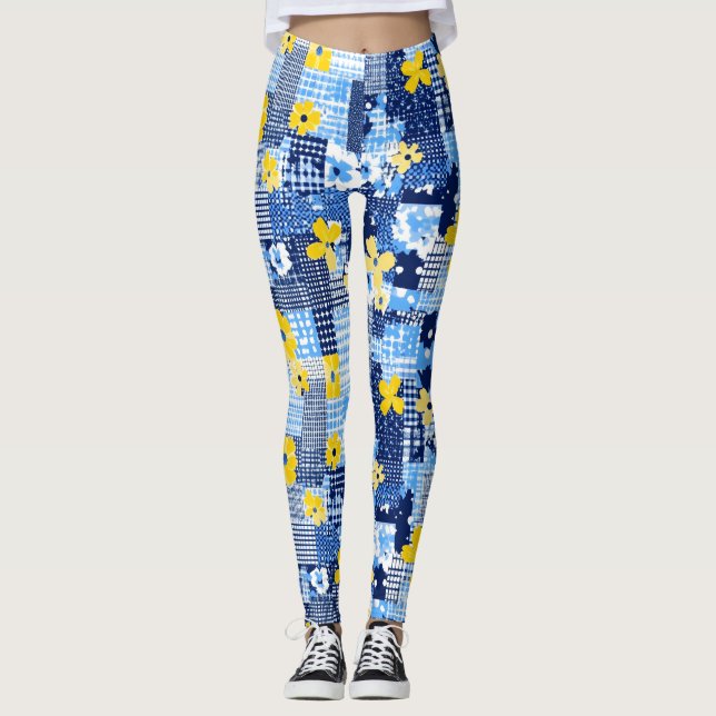 Legging Padrão Azul das Flores Amarelas (Frente)