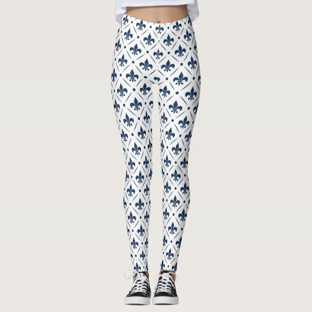 Legging Padrão azul escuro Fleur De Lis sobre fundo branco (Frente)