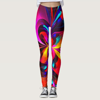 Legging Padrão Azul Vermelho Abstrato Floral Moderno #07