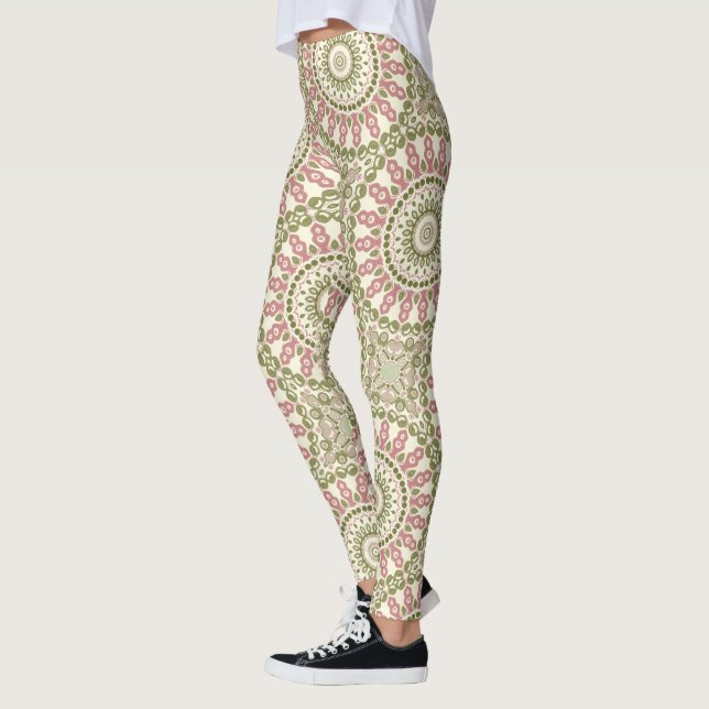 Legging Padrão Boêmiano Verde e Rosa Mandala Vintage (Esquerda)