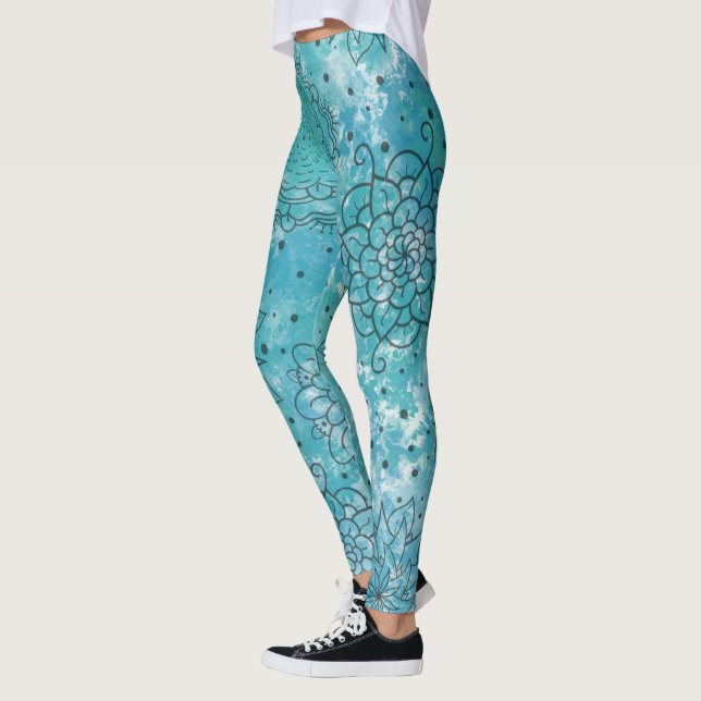 Legging Padrão bonito de Grunge de Mandala Azul (Esquerda)