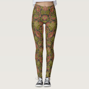 Legging Padrão Botânico Antigo de Flores Vermelhas e Uvas