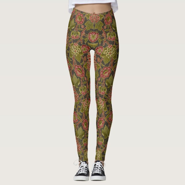 Legging Padrão Botânico Antigo de Flores Vermelhas e Uvas (Frente)