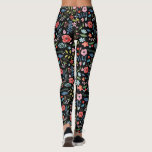 Legging Padrão Botânico das Flores e Folhetos Coloridos<br><div class="desc">Flores e folhetos botânicos coloridos,  sem costura,  com fundo preto mutável. Ilustração de aquarelas cúbicas.</div>
