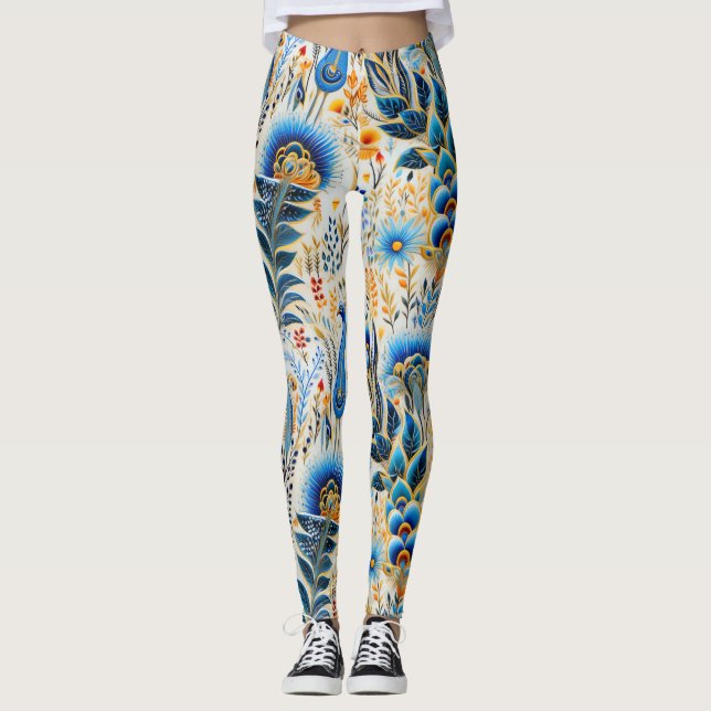 Legging Padrão Botânico de Aves Exóticas Chinoiserie (9) (Frente)