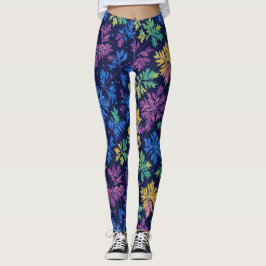 Legging Padrão Botânico de Folhas Coloridas Preto Tendênci
