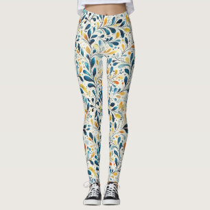 Legging Padrão Botânico de Folhas em Azul Marinho e Âmbar