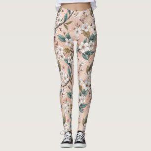 Legging Padrão Botânico de Galho de Sakura Pêssego Macio