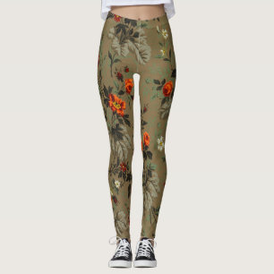 Legging Padrão Botânico de Rosa Laranja Floral Escura Vint