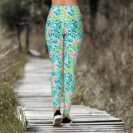 Legging Padrão Botânico Floral de Aguarela em Azul Turques