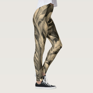 Legging Padrão Botânico Monocromático Bege Elegante Vintag