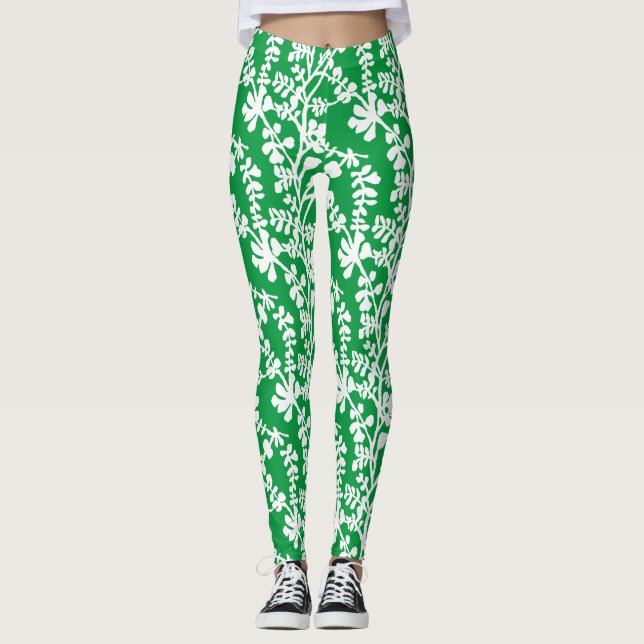 Legging Padrão Botânico Verde E Branco Repetindo (Frente)