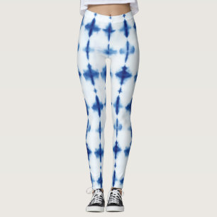 Legging Padrão Branco azul Shibori Azul Pintado