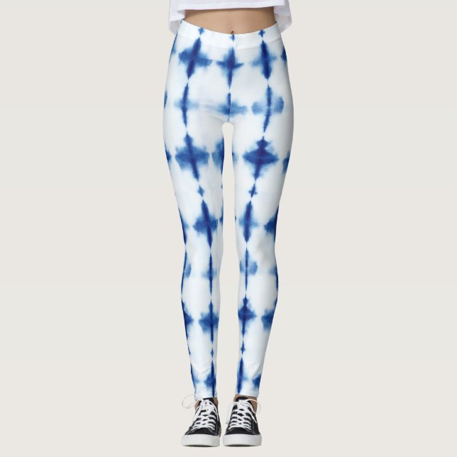 Legging Padrão Branco azul Shibori Azul Pintado (Frente)