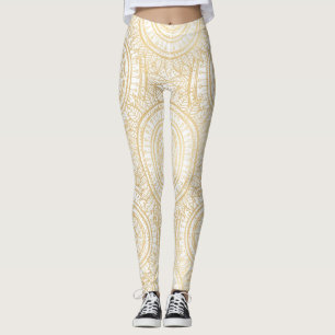 Legging Padrão Branco Elegante Dourado de Mandala Girassol