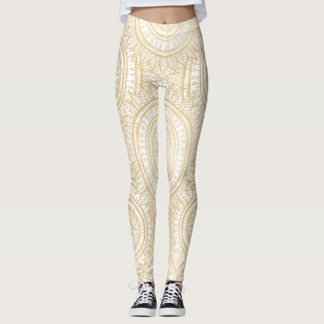 Legging Padrão Branco Elegante Dourado de Mandala Girassol (Frente)