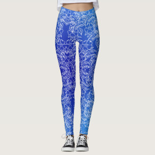 Legging Padrão branco Floral impressão azul
