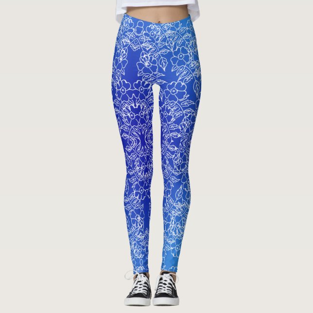 Legging Padrão branco Floral impressão azul (Frente)