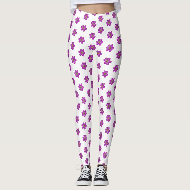 Legging Padrão Branco Floral Roxo (Frente)