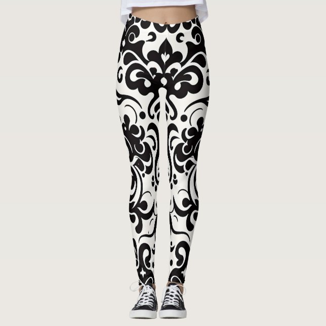 Legging Padrão branco negro africano Damask (Frente)