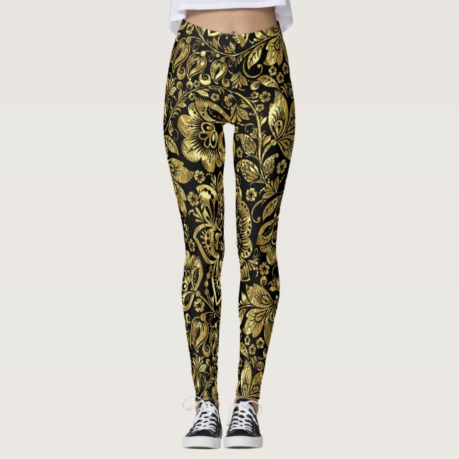 Legging Padrão Brilhante Dourado em Damascos Florais Preto (Frente)