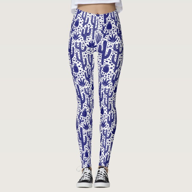 Legging Padrão Cactus - Azul Escuro e Branco (Frente)