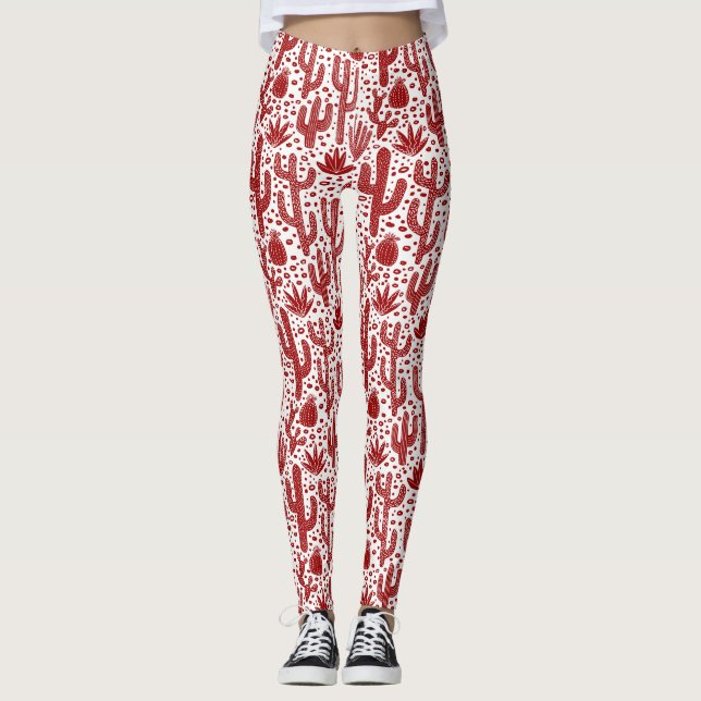 Legging Padrão Cactus - Vermelho Ruby e Branco (Frente)