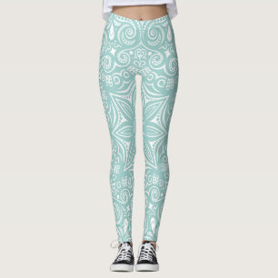 Legging Padrão Caprichoso Azul Turquesa e Branco