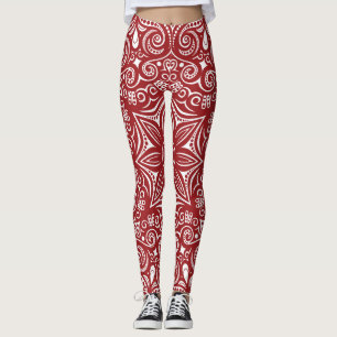 Legging Padrão Caprichoso Vermelho Escuro e Branco