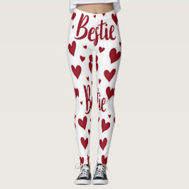 Legging Padrão cardíaco com texto "Bestie" em vermelho cur