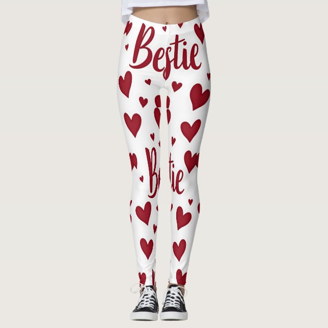 Legging Padrão cardíaco com texto "Bestie" em vermelho cur (Frente)