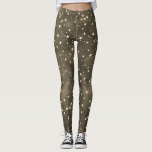 Legging Padrão celestial de estrelas de ouro castanho-notu