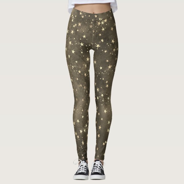 Legging Padrão celestial de estrelas de ouro castanho-notu (Frente)