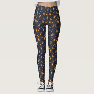 Legging Padrão celestial de galáxia de sol lua preto doura