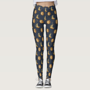Legging Padrão Celestial do Sol & Lua Estrela Dourada Noit